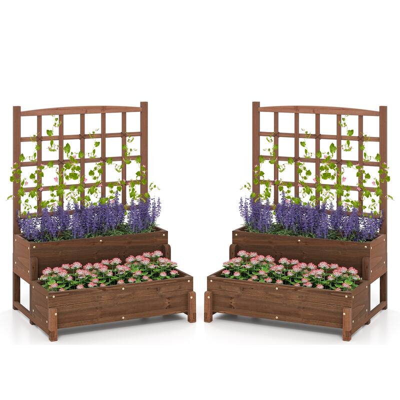 Gymax 2PCS Raised Garden Bed w/Trellis Drainage Holes Legs Twisting - Brown