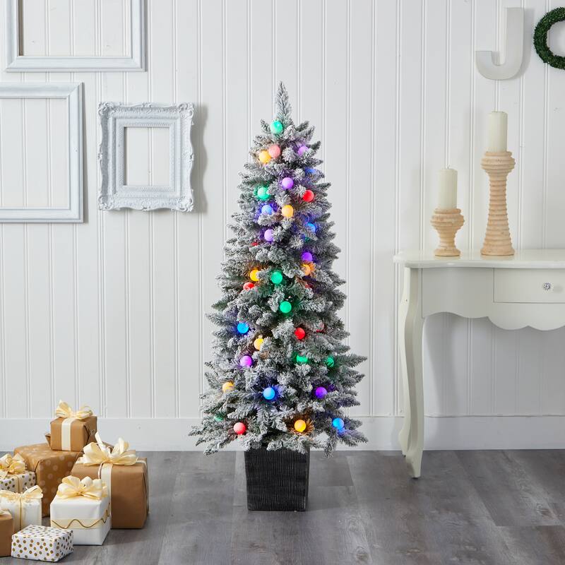 5ft. Flocked Fir Artificial Christmas Tree with 50 Multi-Color Globe Bulbs and 379 Branches - Playful X-Mas Accent Tree