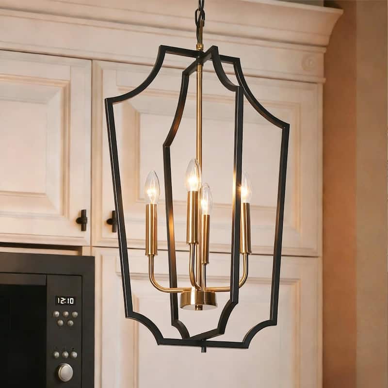 Modern Farmhouse 4-Light Black Gold Lantern Chandeliers Metal Pendant Light for Dining Room