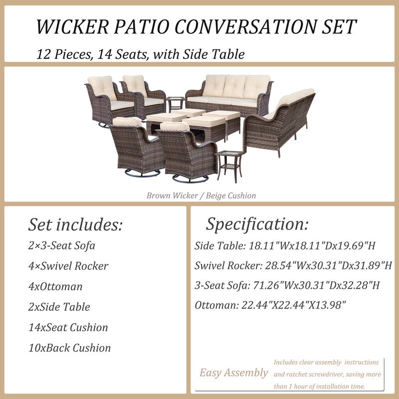 Outdoor Wicker Patio Conversation Seating Sofa Sets with Swivel Chairs