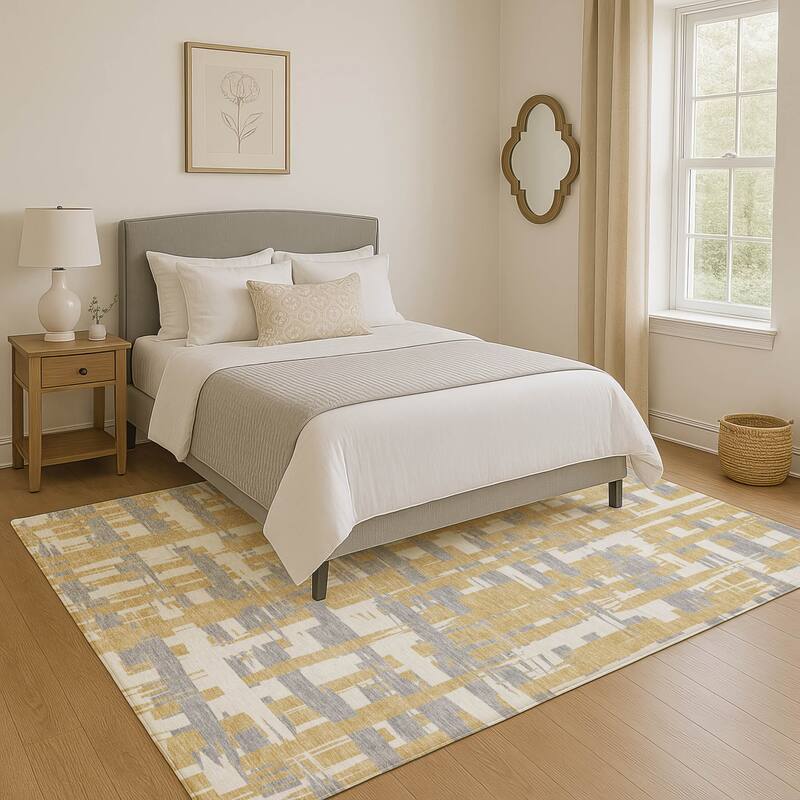 Premium Washable Super Soft Contemporary Plaid Mayfield Rug - Gold - 10' x 14'