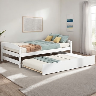 Twin Size Solid Pine Platform Kids Bed Frame with Twin Size Trundle, White