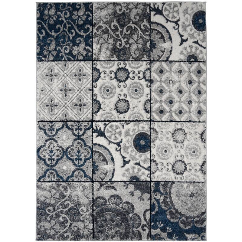Patches Cream Blue Gray Stylish Transitional Area Rug