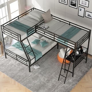 L-Shaped Twin Over Full Metal Bunk Bed with Twin Size Loft Bed Attached ...