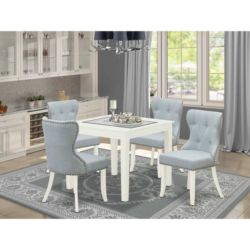 5-Piece Linen White Finish Solid Wood Top - Square Dining Room Set Seats-4