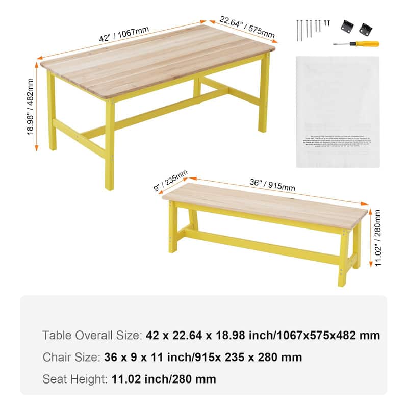 3 Pieces Rectangular Kids Wooden Activity Table and Bench Set Suitable Playroom Daycare or Tutoring Center