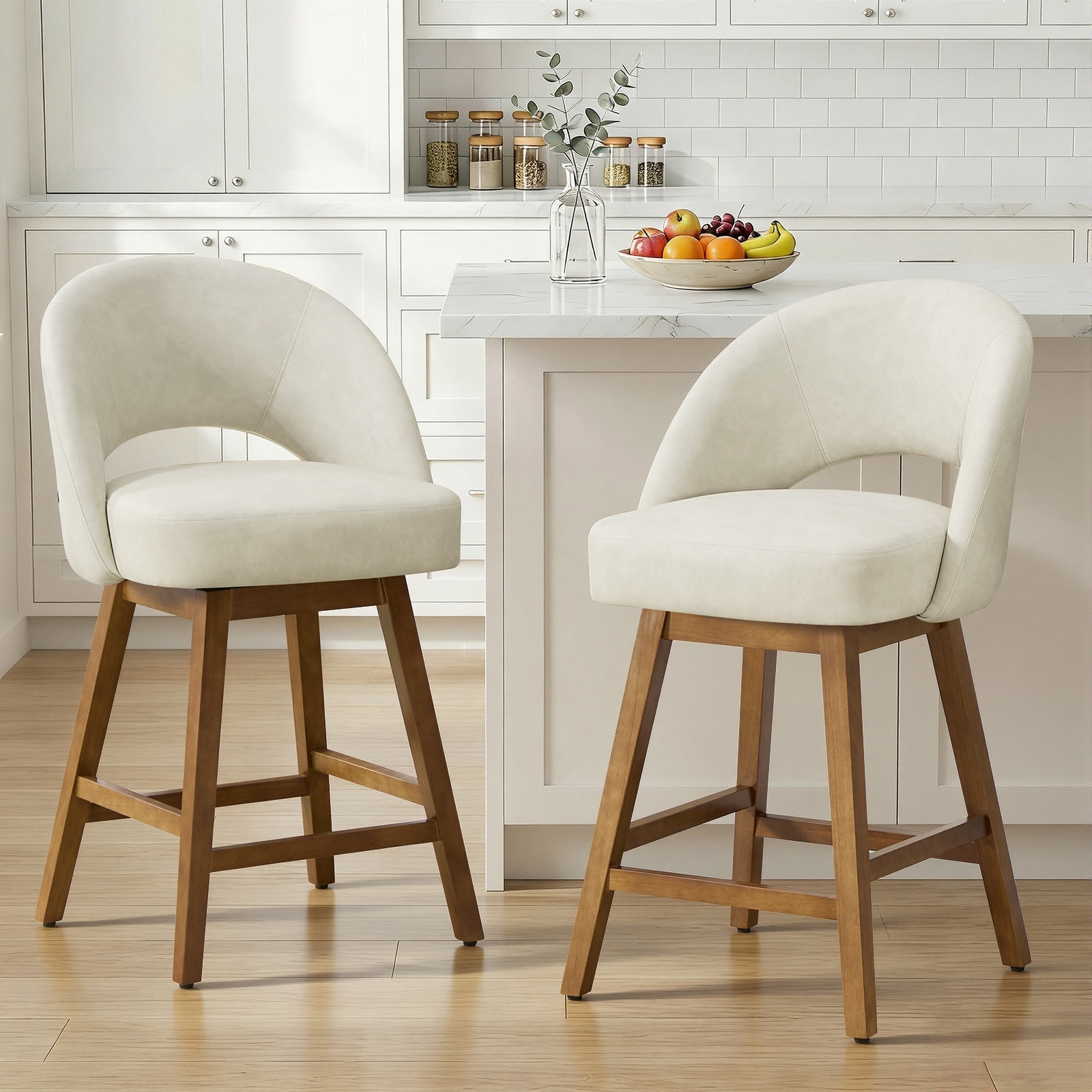 Swivel Upholstered Bar Stool Counter Height Stool with Cutout Back and Solid Wood Legs - 38.2"H x 22.1"W x 23.6"D