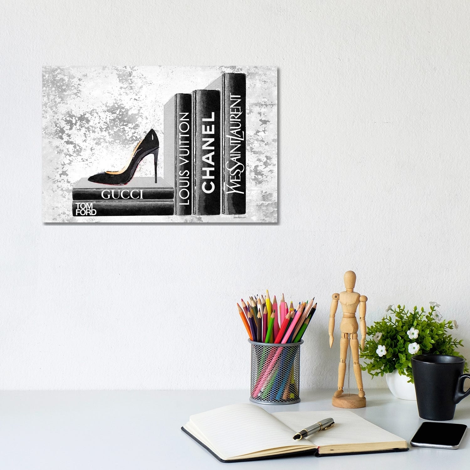 Black Side Books With Shoe - Grunge - Canvas Print