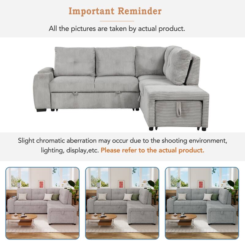 94" L-shaped Sectional Sofa Bed with Ottoman, Storage, Cup Holder & USB Ports (Light Grey Corduroy)