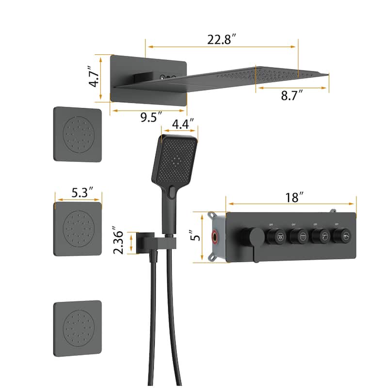 GIVINGTREE Luxury 4 Spray Patterns Thermostatic 23" Wall Mounted Rainfall Dual Shower Head With 3 Spray Heads（valve Included)