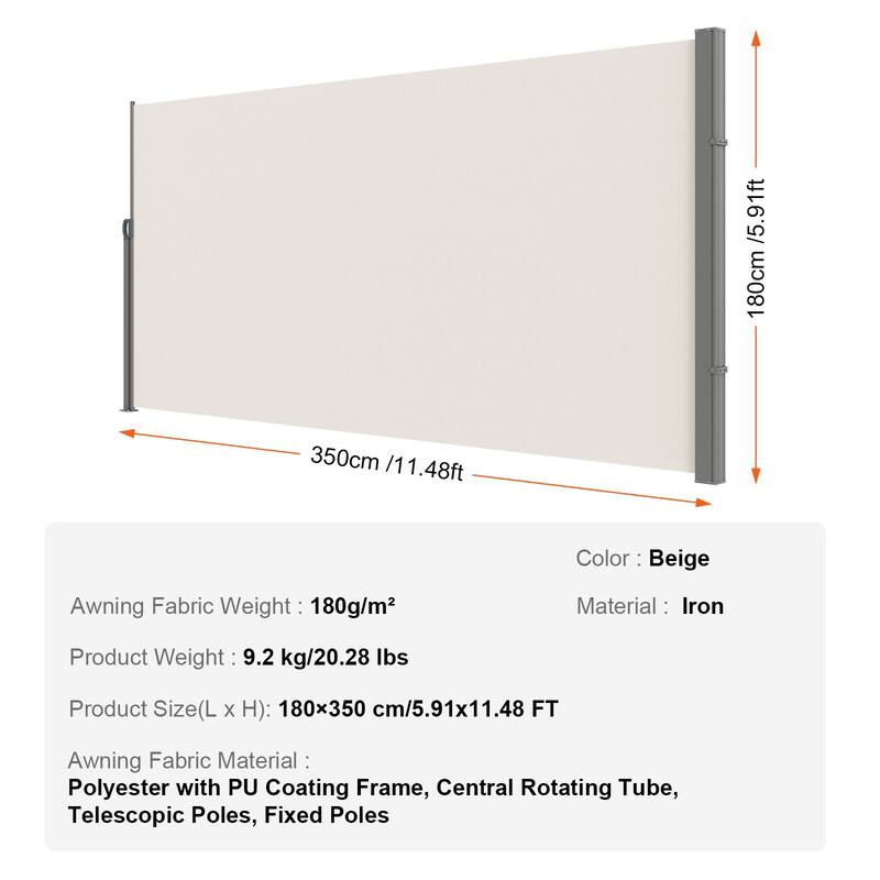 71''x 138'' Polyester Patio Privacy Screen with Retractable Handle and Perfect for Outdoor Balconies or Courtyards