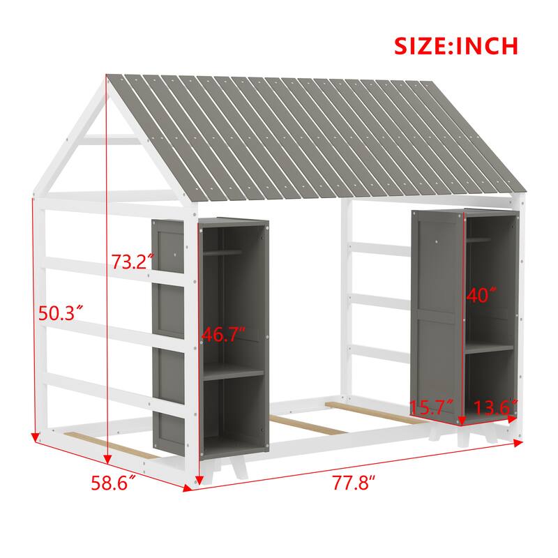Wooden Twin Size Kids Floor Bed with Two Movable Wardrobes, Fence and Roof