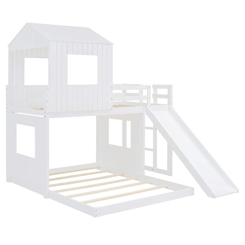 Wooden Twin Over Full Bunk Bed, Loft Bed with Playhouse, Farmhouse, Ladder, Slide and Guardrails - White