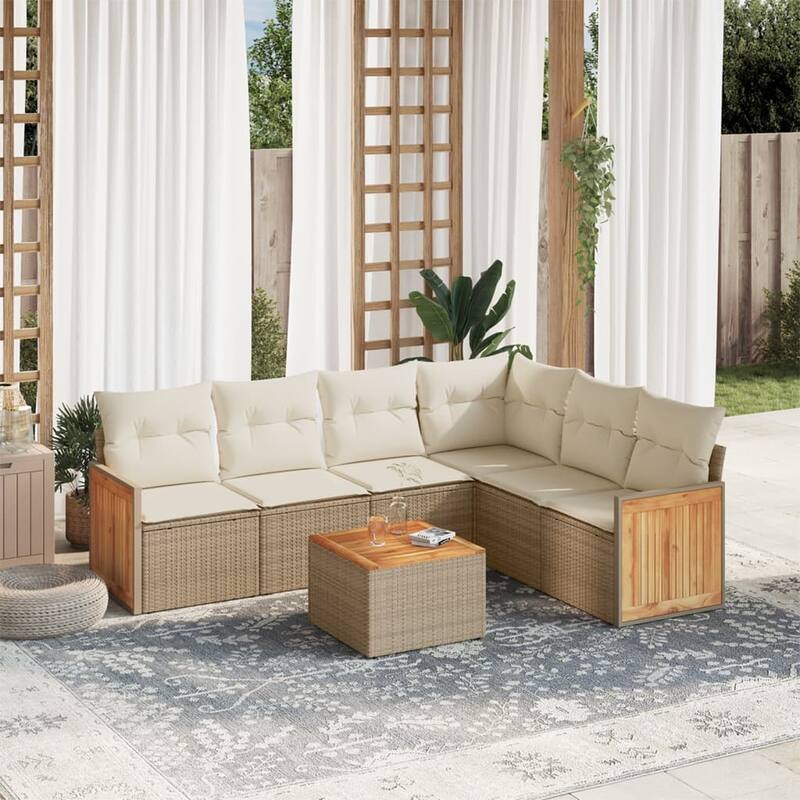 vidaXL Patio Sofa Set with Cushions Outdoor Conversation Furniture Poly Rattan - Beige and Cream-With table - 21.7 x 21.7 x 14.6