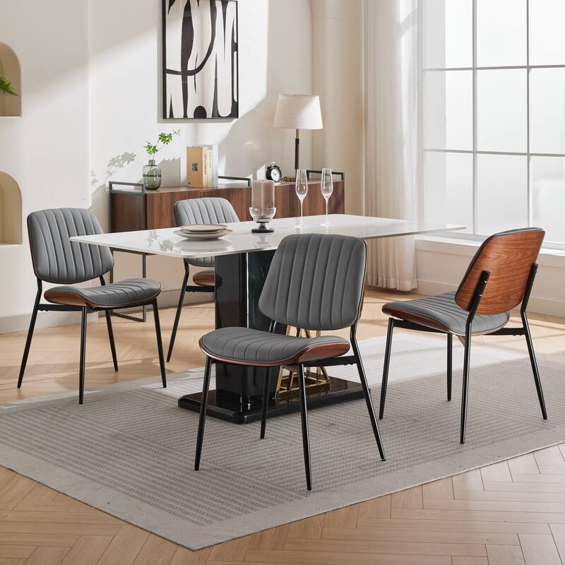 Retro Faux Leather Dining Chairs Set of 2 Accent Chair with Bentwood Back, Kitchen Side Chair with Metal Legs