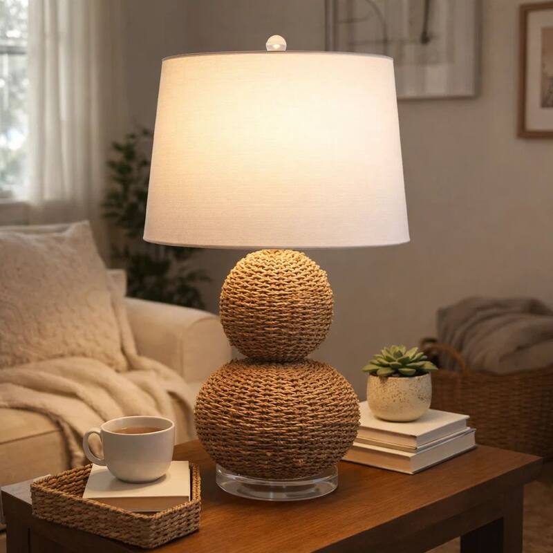25 Inch Table Lamp, Rattan Woven, Inverted Tapered Shade, White, Beige