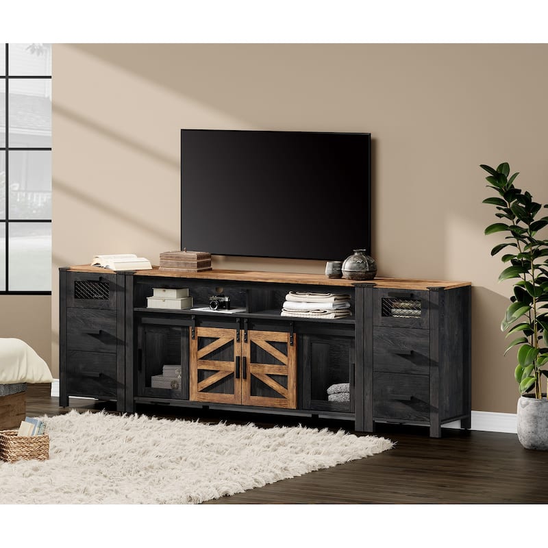 WAMPAT Drawer TV Stand set for ups to 85 inch TV with Sliding Barn Door - 1 Pack
