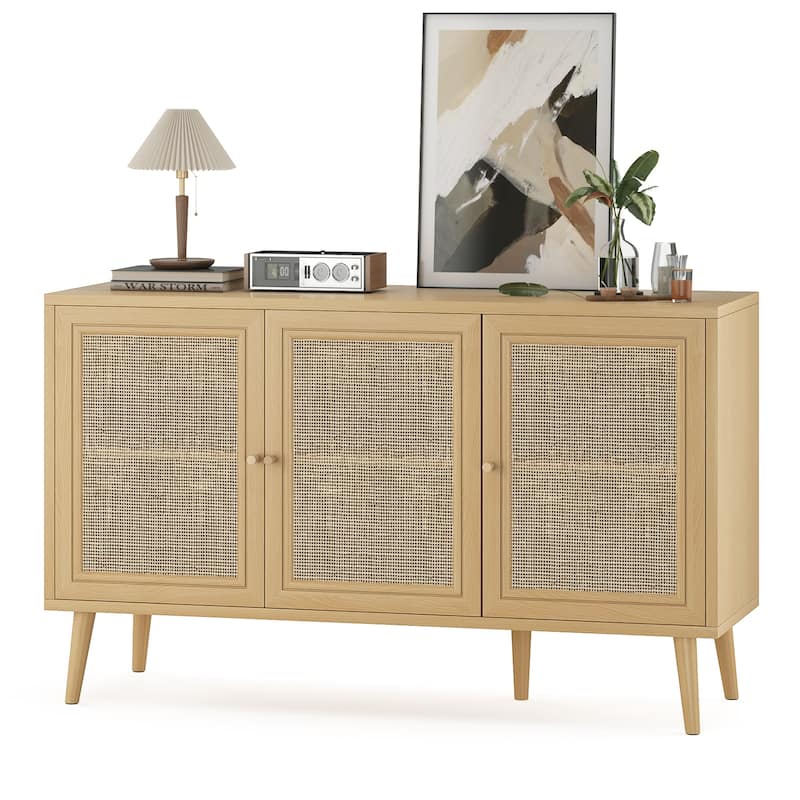 Anmytek Black 3-Door Rattan Buffet Sideboard Wooden Storage Cabinet for Living Dining Room - Oak