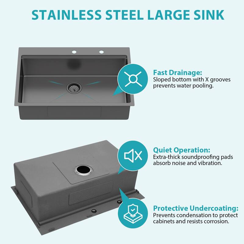 33" Drop-in Workstation Gunmetal Black Kitchen Sink with Pull-out Faucet and Soap Dispenser - Single Bowl 16 Gauge