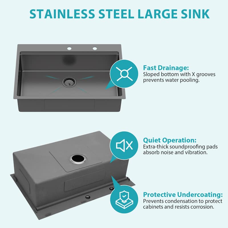 36" Drop-in Workstation Gunmetal Black Kitchen Sink with Pull-out Faucet and Soap Dispenser - Single Bowl 16 Gauge