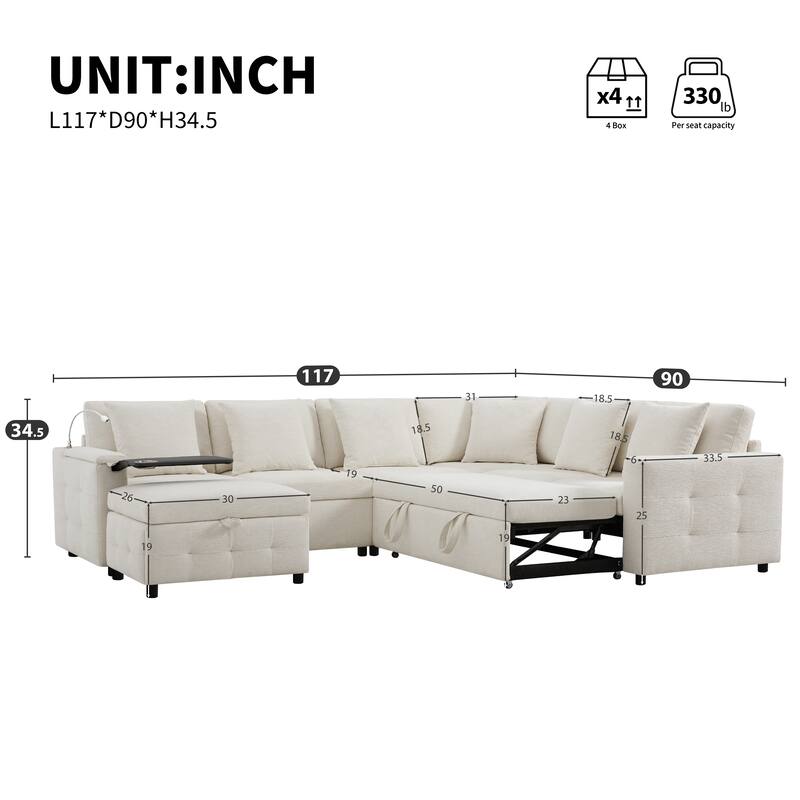 Tufted Chenille Sectional Sofa with Pull-out Bed, Flip-up Table Panel, Reading Lamp, Charging Ports, Storage Ottoman, 6 Pillows