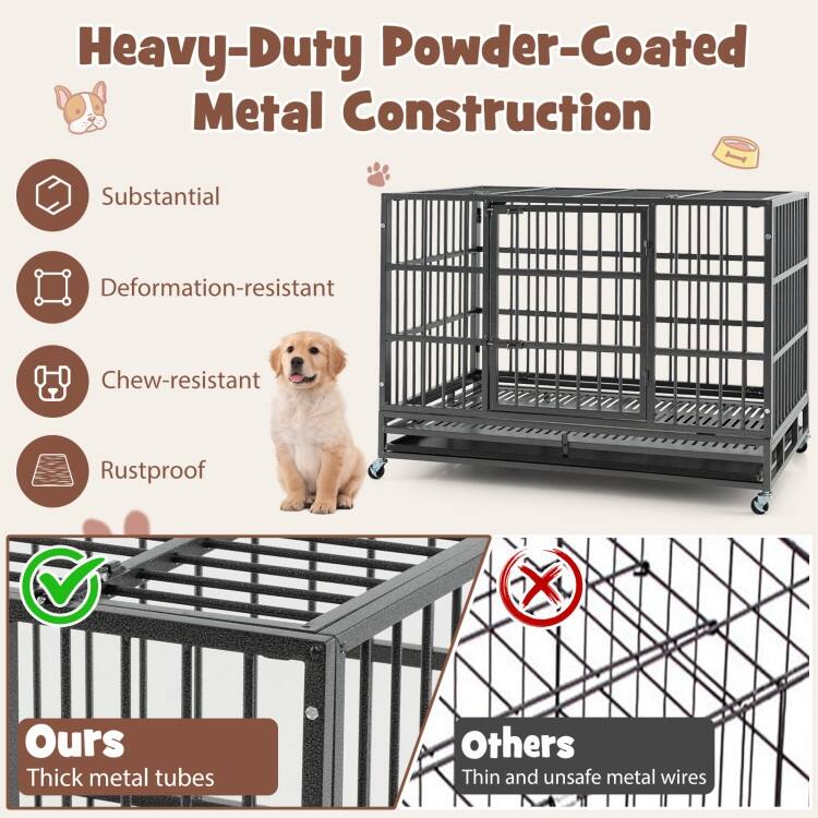 Foldable Heavy-Duty Metal Dog Cage with Lockable Rolling Casters and Tray