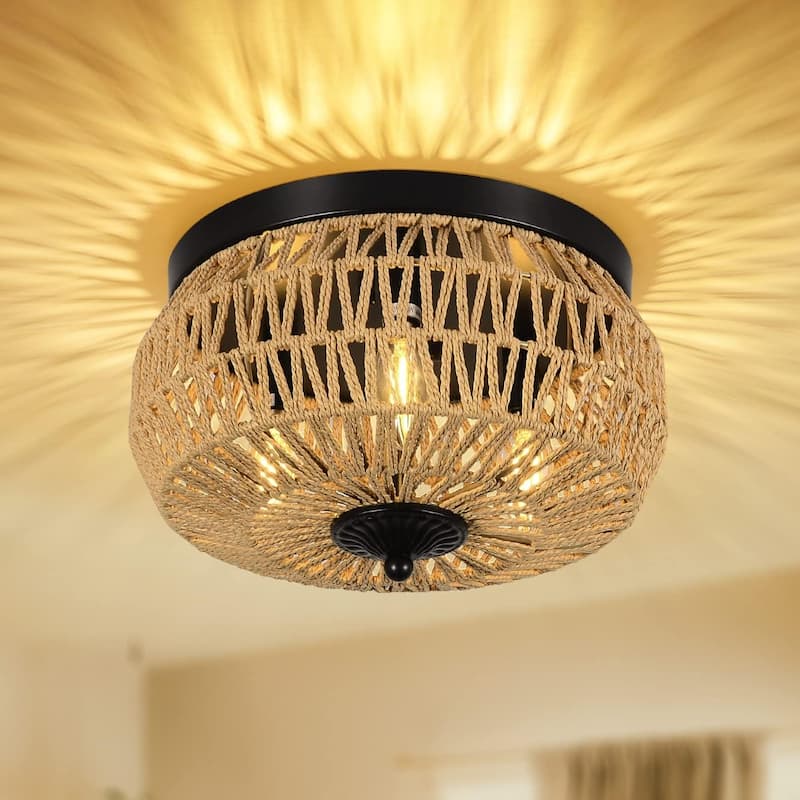 3-Lights Woven Rattan Flush Mount Ceiling Light Fixture with Hand-Worked Cage Shade for Bedroom, Kitchen, Foyer, Porch - Brown