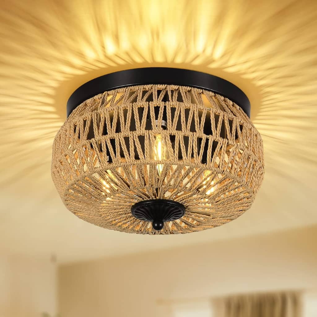 Rattan Flush Mount Ceiling Light Fixture Rustic Industrial Hemp Rope Semi Flush Mount Ceiling Light for Hallway Bedroom