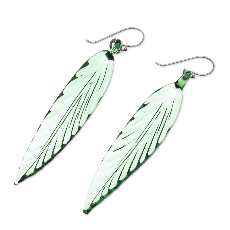 Novica Handmade Bamboo Leaf Handblown Glass Dangle Earrings