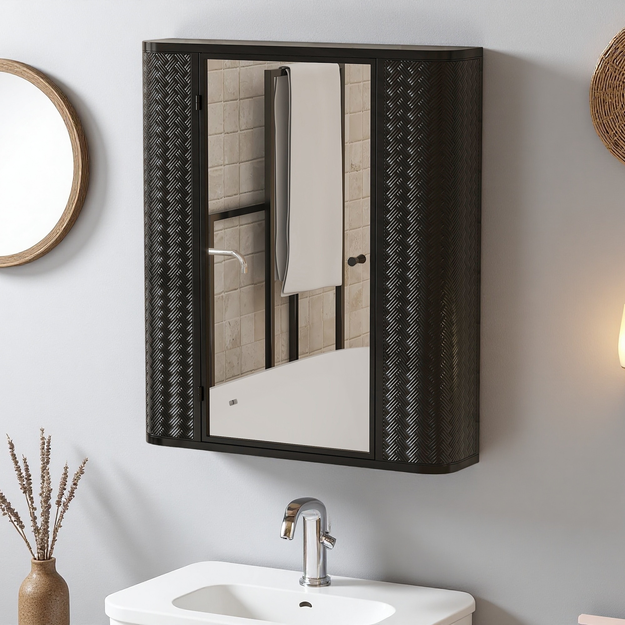 23.6"H Wall-Mounted Bathroom Cabinet with Mirror, Metal Framed Mirrored Door Medicine Cabinet, 2 Inner Shelves for Storage