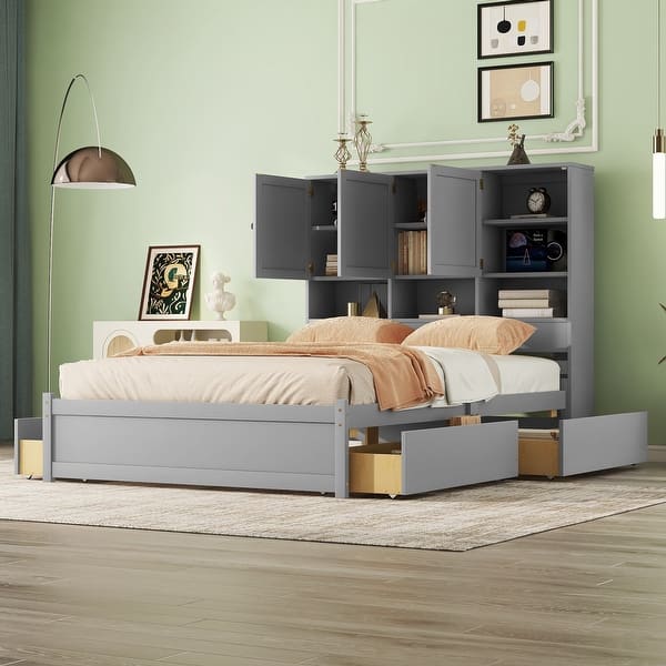 slide 2 of 20, Queen Size Platform Bed with Storage Headboard and 4-Drawers, Grey