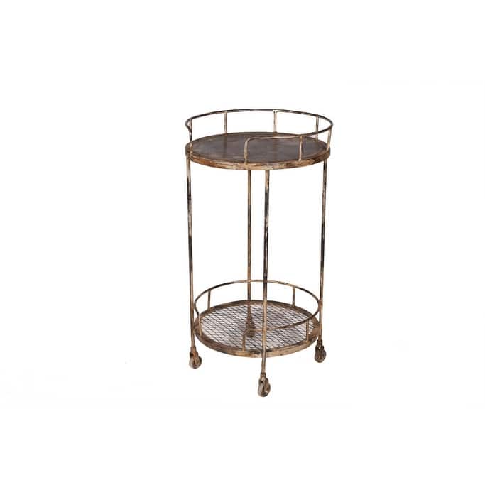 HomeRoots 18" Brown Iron Distressed Round Rolling Bar Cart - 18 in. x 33 in. x 18 in.