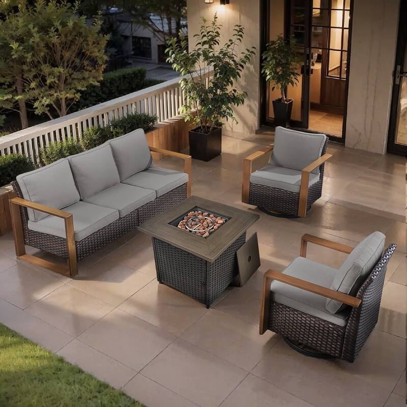 Pocassy Outdoor Fire Pit Conversation Set 3-Seat Sofa Chairs Patio Furniture Set - Brown Wicker Gray Cushion - 4-Piece Sofa Swivel Chair with Fire Table