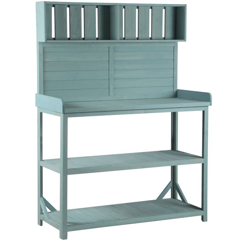 Roomfitters 65" Farmhouse Outdoor Potting Bench Table with 4 Storage Shelves and Side Hook