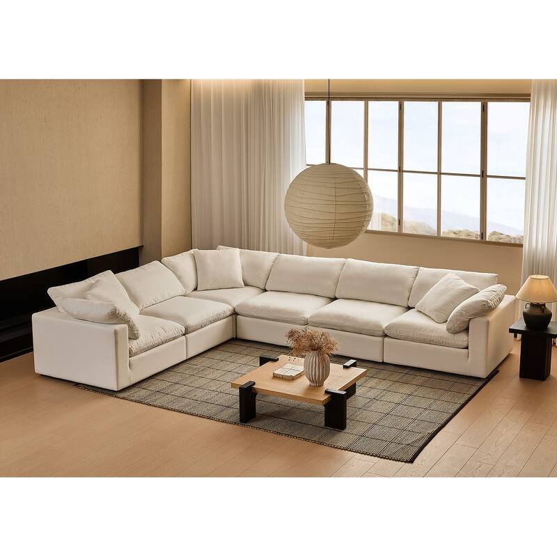 Square Arm Linen Fabric Rectangle Sectional Sofa Combination Sofa in Pearl White - Pearl White - 6 Sests(L Shape)