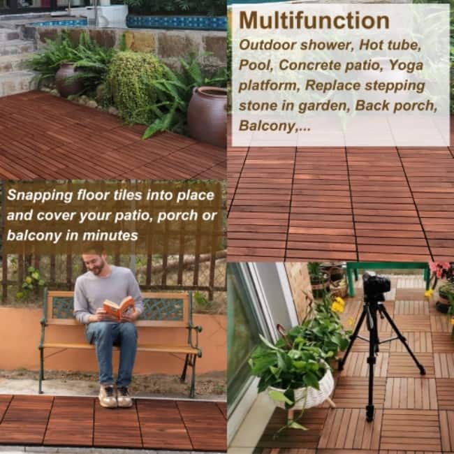 10 PCS Interlocking Deck Tiles Checker Pattern,12" x 12" Light Gray Square Acacia Hardwood Outdoor Flooring