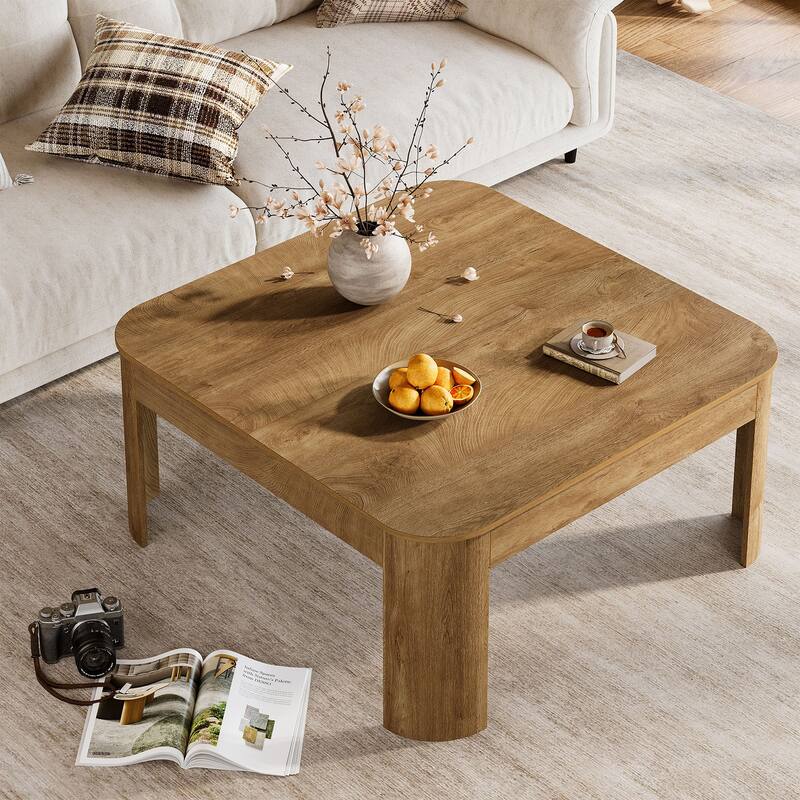 39.37" Square Coffee Table for Living Room, Farmhouse Cocktail Center Table with Wooden Curved Legs