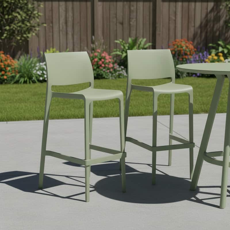 HomeRoots Set of Two 30" Green Heavy Duty Plastic Low Back Outdoor Bar Height Chairs - Green