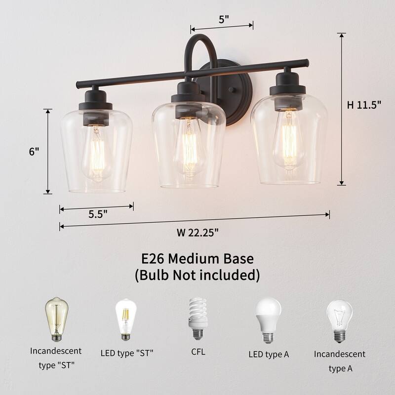 KAWOTI 3-light Dimmable Bathroom Vanity with Clear Shade - Black - W22.25" x D7.5" x H11.5"