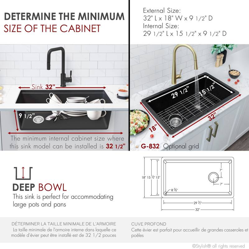 Dual mount 32 inch Black Composite Granite Single Bowl Workstation Kitchen Sink