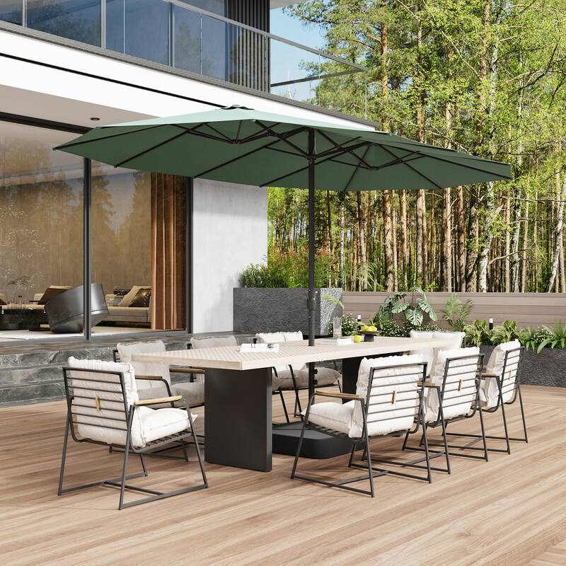 15ft x 9ft Double Patio Umbrella with Base and Sandbags, Extra Large Twin Outdoor Market Umbrella with Auto Tilt, 180g Polyester