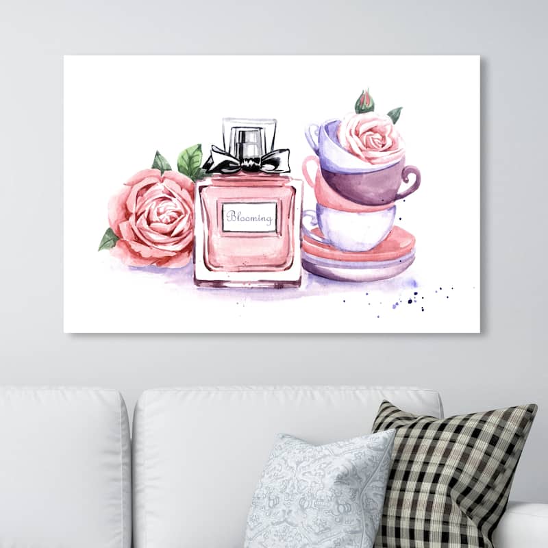 Wynwood Studio Fashion and Glam Floral Tea Time Pink and Glam Wall Art Canvas Print - 30 x 45