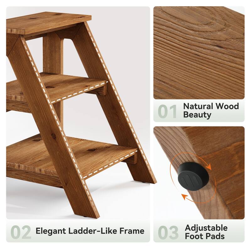Solid Wood End Table with Storage Shelves, 3-Tier Ladder Shape Side Table