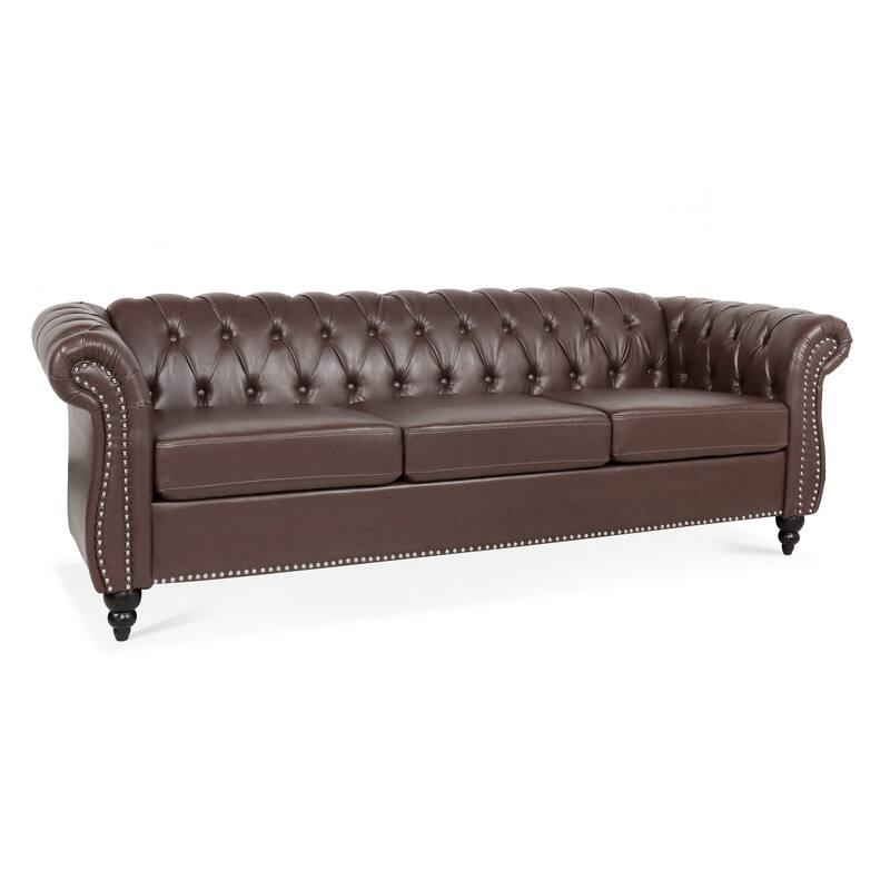 Dark Brown PU Chesterfield Three Seater Sofa with Wooden Legs
