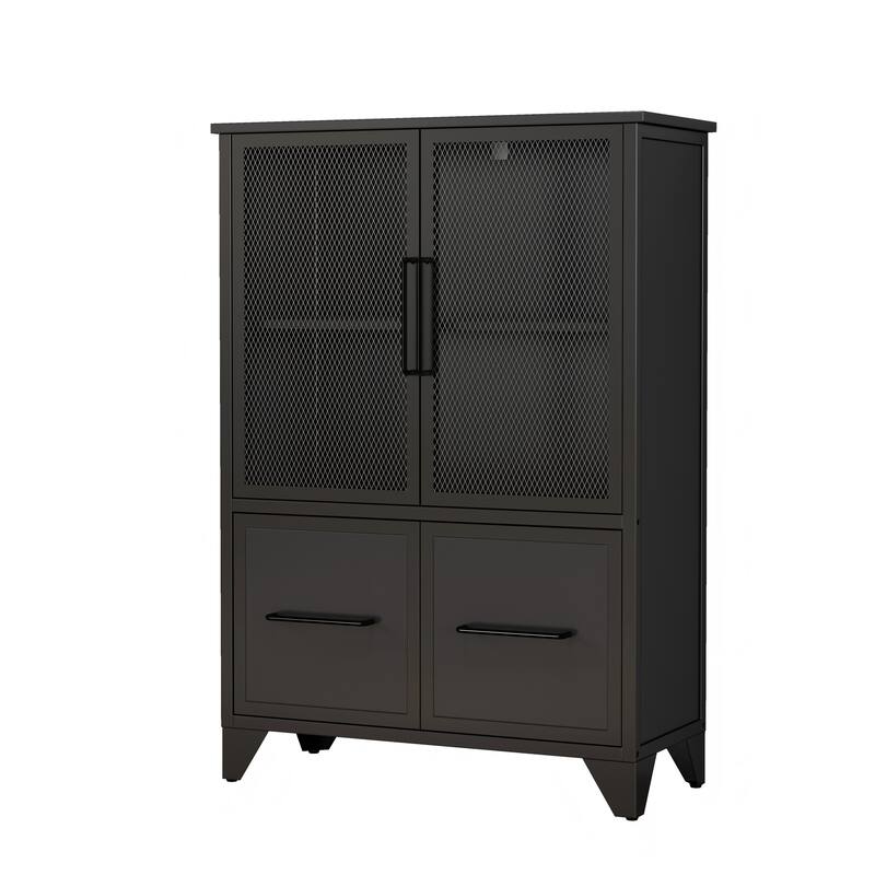 Storage Cabinet With 4 Iron Doors,Black Metal Handle,Sideboard With Adjustable Shelf,Black Sturdy Metal Frame and Metal Legs