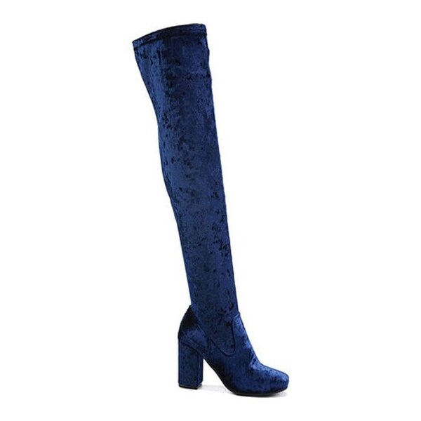 blue velvet knee high boots