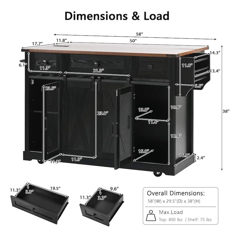 58" Farmhouse Kitchen Island with Drop Leaf, Sliding Barn Door, Power Outlet, and Rolling Storage Cabinets