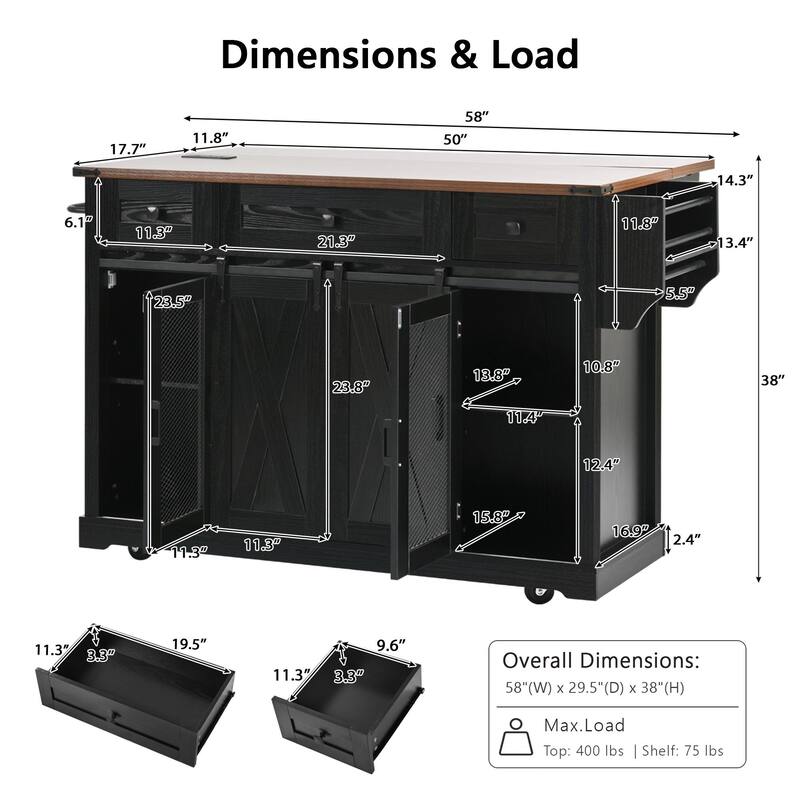 Anmytek Farmhouse Kitchen Island Cart with Drop Leaf and Power Outlets - Rolling Cart with Barn Doors and Metal Grid Side Door