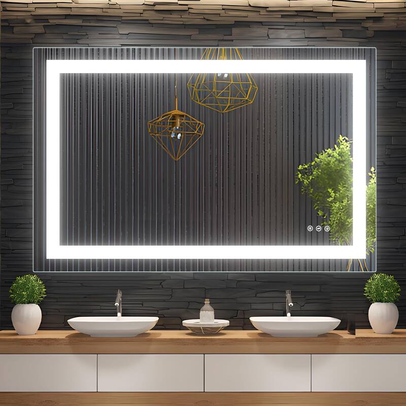 LED Bathroom Mirrorwith Front and Backlight, Stepless Dimmable Wall Mirrors with Anti-Fog