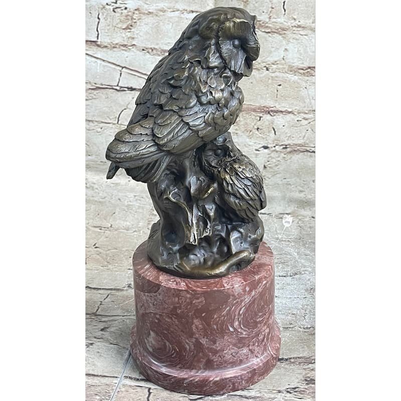 Bronze Sculpture Statue Of Two Owls Birds On A Red Marble Base Signed Milo